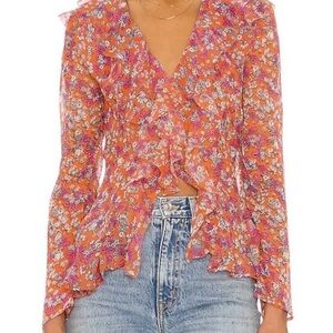 Free People Nina Orange Pink Floral Ruffle Blouse Top